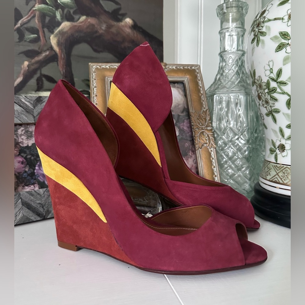 SCHUTZ Burgundy and Yellow Suede Wedge Peep Toe Heels